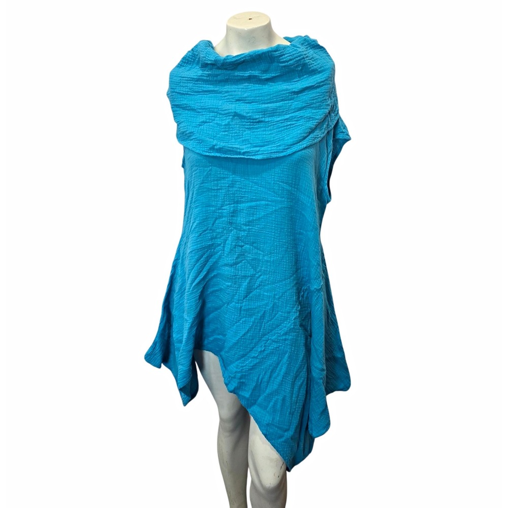 Bryn Walker XXS Turquoise Cotton Gauze Cowl Neck Asymmetric Tunic Lagenlook USA!